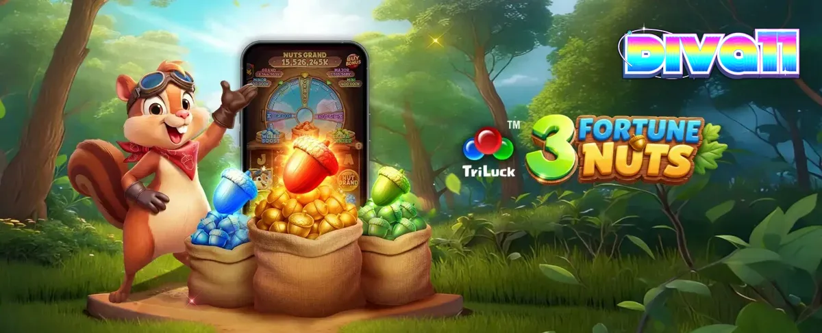Tampilan visual slot 3 Fortune Nuts dengan tema hutan dan tupai