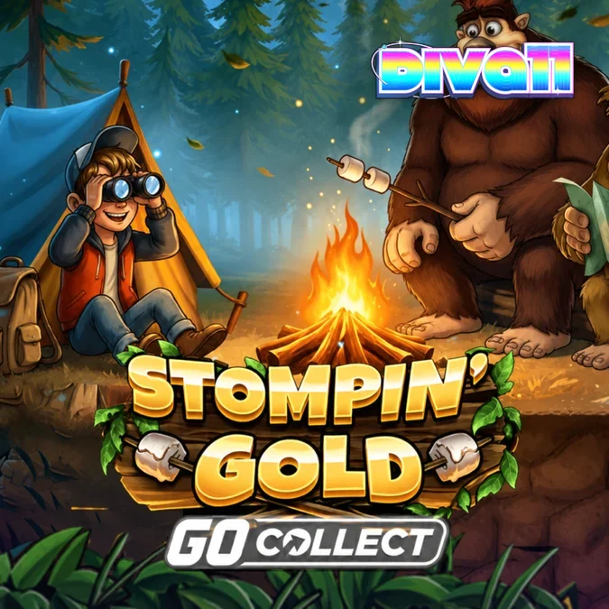 Tampilan visual slot Stompin Gold dengan tema hutan dan karakter Bigfoot